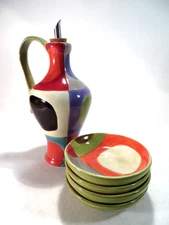 Pier 1 Olive Oil Cruet Set w/4 Dipping Bowls 4"dia Colorful Circles 8.5"h