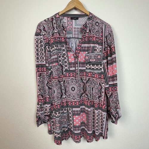 Cocomo Woman Pink Black Paisley Print Quarter Zip Long Sleeve Tunic Top 3X - Picture 1 of 7