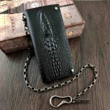 High Quality Biker Rock Aliagtor Head Mens Card Money Leahter Wallet W/ Chain