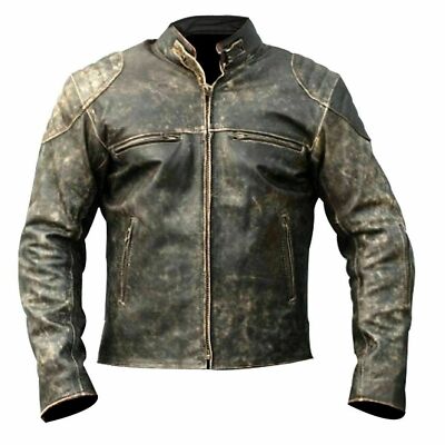 Mens Real Leather Biker Jacket Motorcycle Vintage Antique Black Brown Rust Tan E - Foto 3