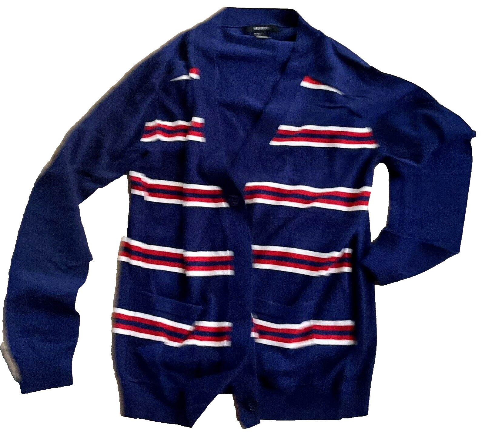 Forever 21 Sweater Cardigan Long Sleeve Blue Red White Stripe Small Retro Preppy