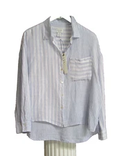 Nicole Mille Mixr Striped 100% Linen Button Down Shirt Top Hi-Low Hem Size M NEW