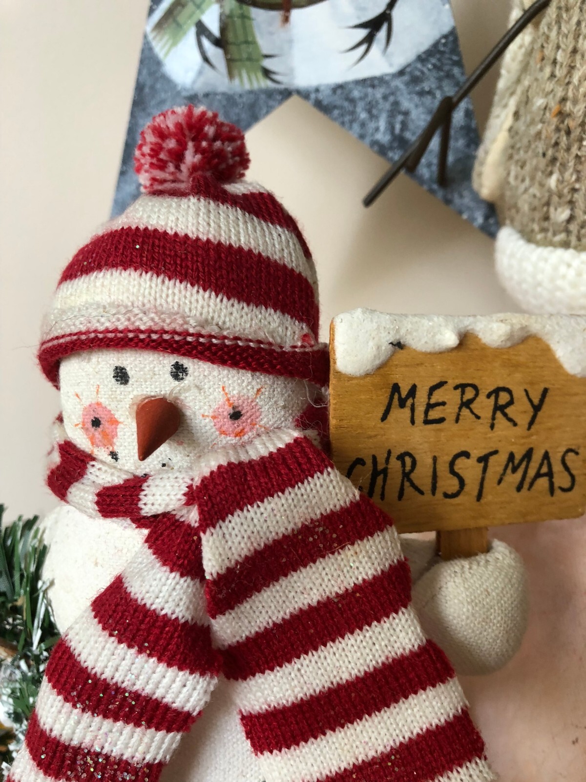 Lot of various cute snowmen Christmas decorations, bells rustic Holiday snowman