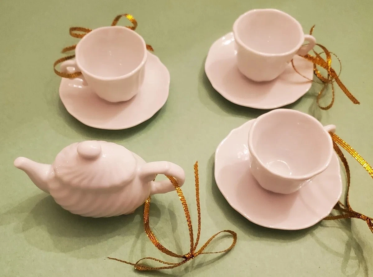 Vintage Mikasa Afternoon Tea Ornaments White Teapot 3 cups w attached saucers