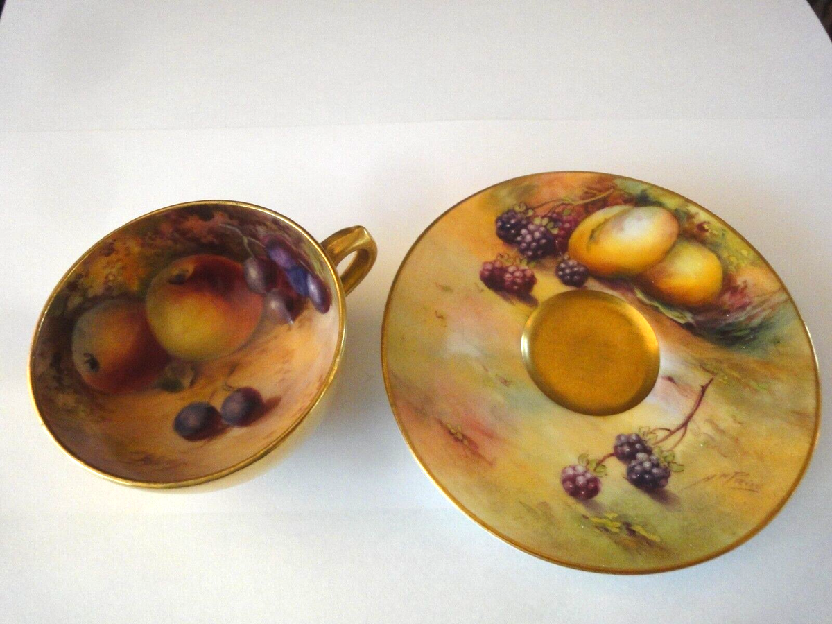 Antique Royal Worcester Hand Painted Fruit Cup and Saucer Signed