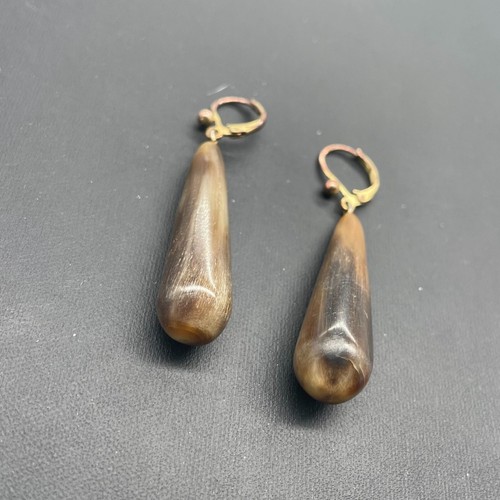 Elongated Teardrop Horn Earrings Leverback Brown Nature Casual Ethnic? - Picture 6 of 6