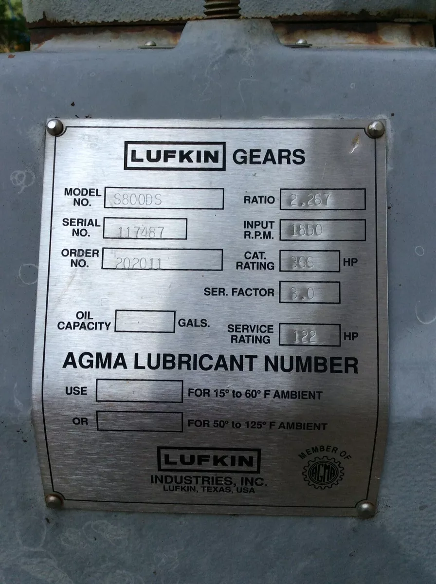 Lufkin S800DS Gearbox Gear Reducer, Input RPM 1850 Ratio 2.267:1, Rated HP  366