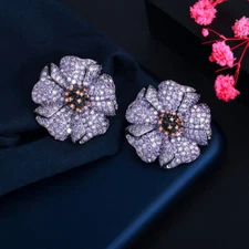 Violet Flower Purple CZ Crystal Big Flower Stud Earring for Brides Wedding Party