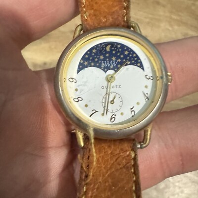 Vintage New Moon Phase Men s ??  Quartz Watch Gold Tan Leather SWW? WW? - BUB