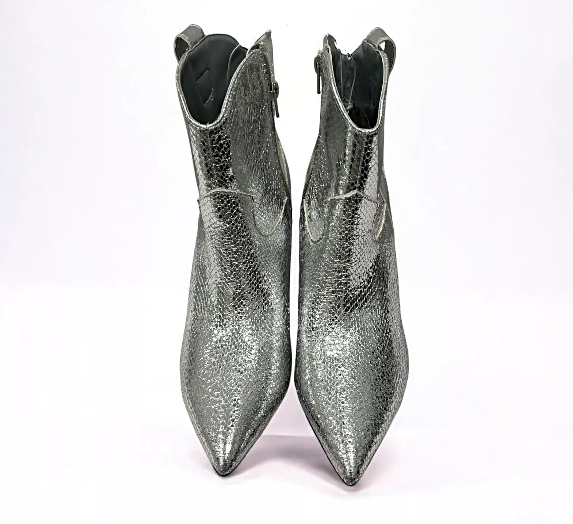 Guess Women's Silver Snake Print Wurlie Ankle Stliletto Heel Boots