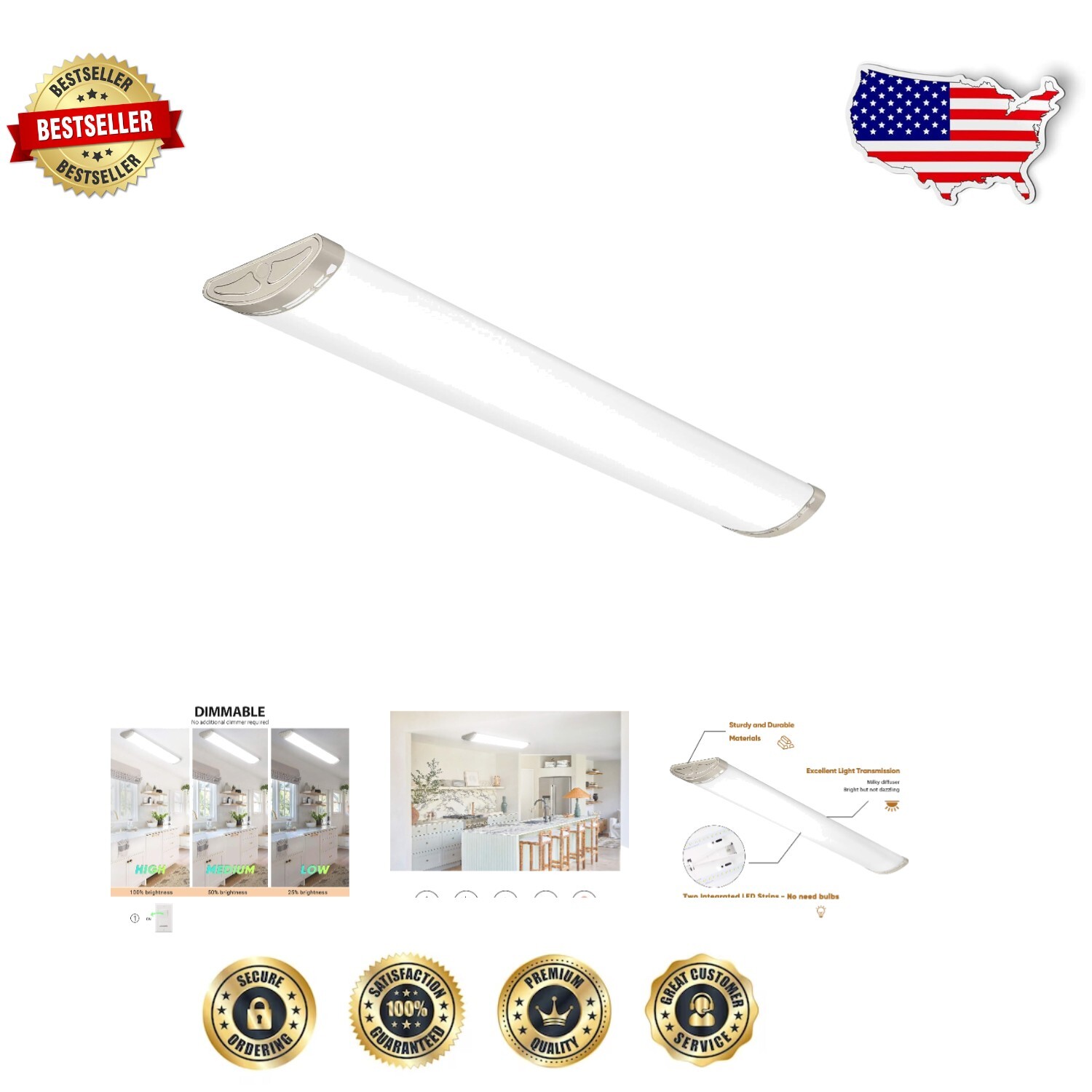 Modern 4FT Dimmable LED Ceiling Light, 4800 Lumens, Easy Install Kitchen Fixture