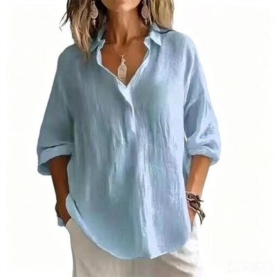 Damen Hemd Baumwolle Leinen Bequem Freizeit Shirt Bluse Langarm Sommer Tops Tee