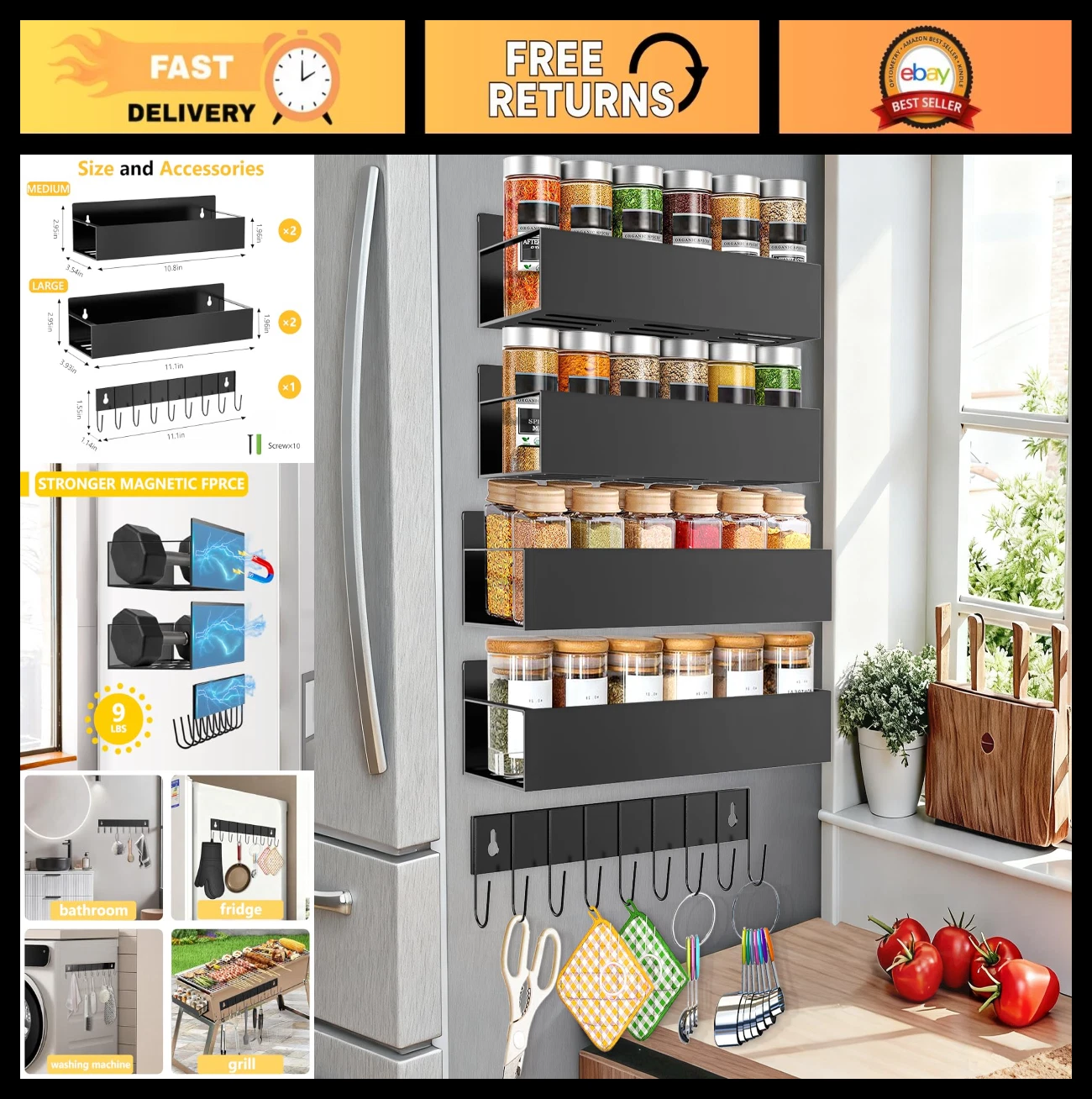 Magnetic Spice Rack Organizer for Refrigerator - 4 Pack with Hook, Black Shelf S