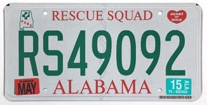 Alabama 2015 AARS Rescue Squad License Plate RS 49092 Ambulance EMT Firefighter