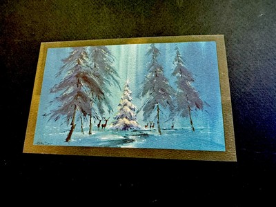 1 VTG Brian Day Xmas Greeting Card Shaft Of Light On Tree In Forest Full Of Deer