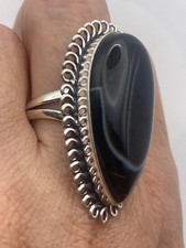 Vintage Black and White Banded Agate White Bronze Silver Cocktail Ring