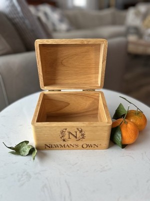 Wooden recipe box branded 'Newman's Own'