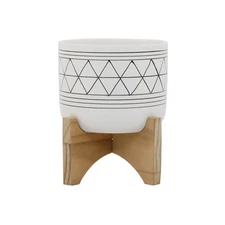 Flora Bunda 5" White Black Ceramic Geometric W/Wood Stand Planter Mid Century