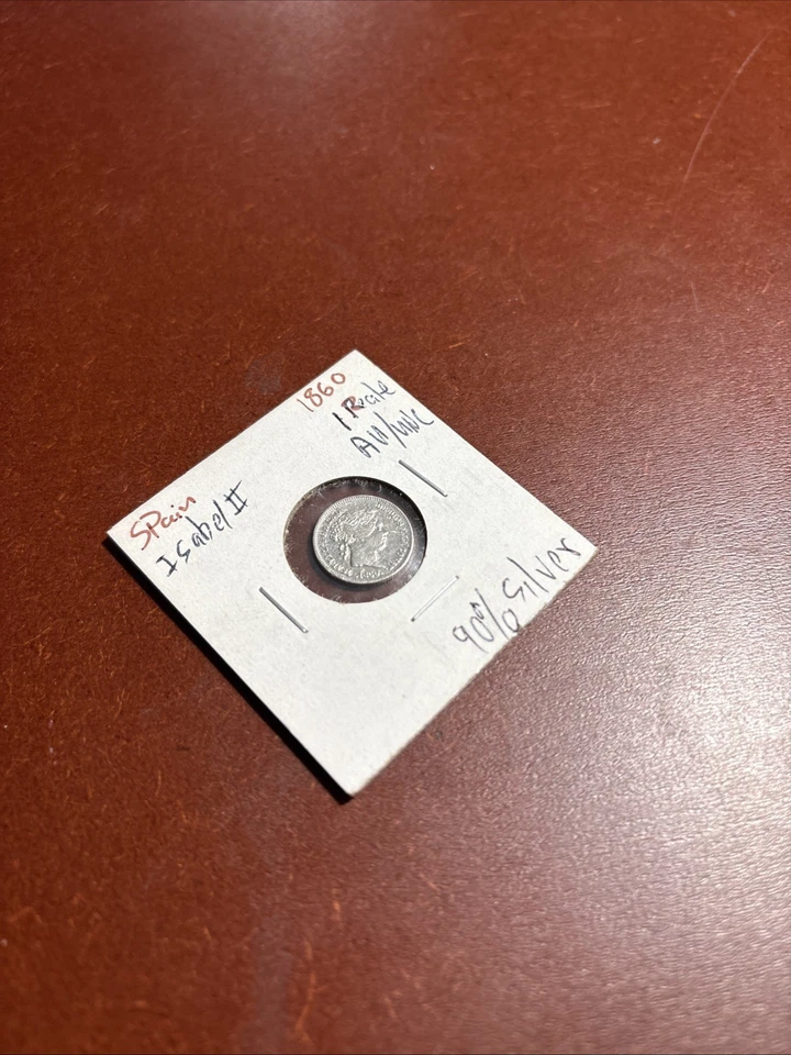 1860  Spanish Silver 1 Reales Genuine Antique 1800's Isabell II Coin AU/UNC - Image 3 of 4