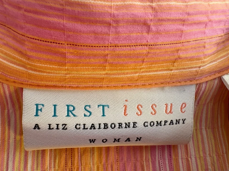 Camisa Primera Edición Liz Claiborne Rosa Naranja Rayas Abotonadas Mezcla Algodón 3X Foto 4 de 4