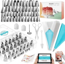74Pcs RFAQK Piping Bags  Tips Set, Numbered Nozzles with Booklet