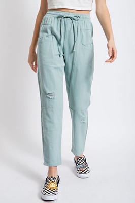 New Easel LA EB50159 Washed Twill Pants Pockets Jogger Sage Distressed Small