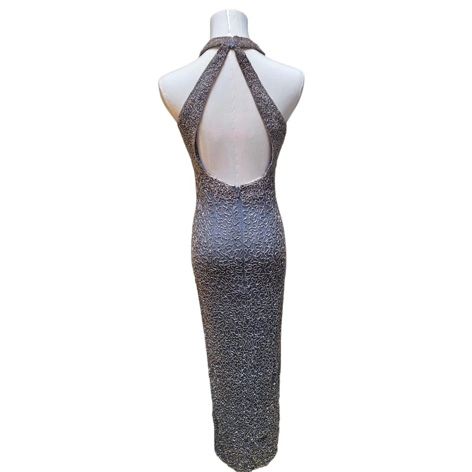 Vestido Vintage Colección Sean Para Mujer S Azul Plata Cuentas Seda Halter Espalda Abierta Foto 2 de 4