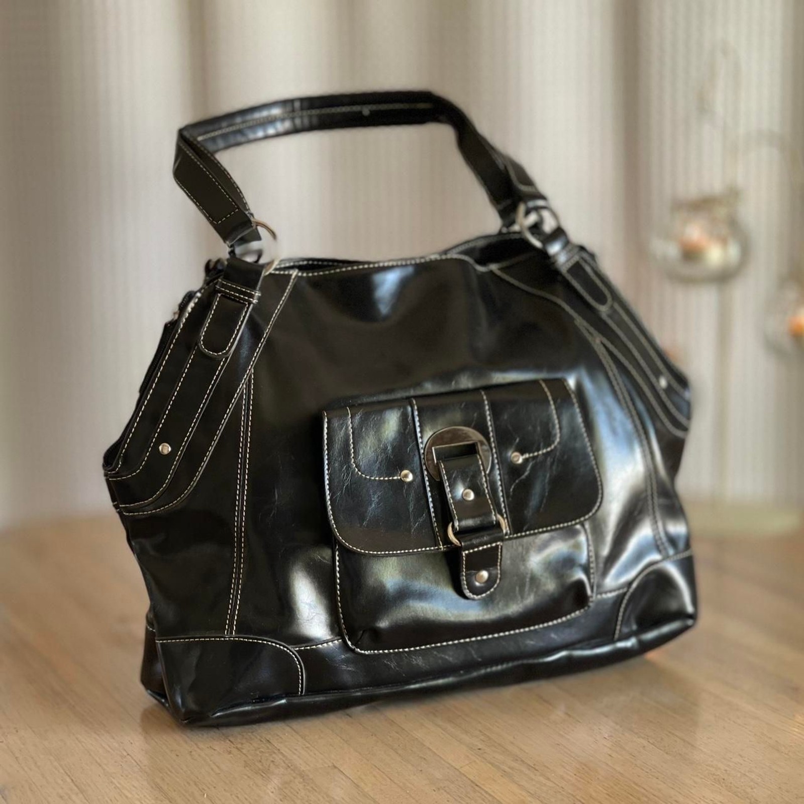 Y2K Large Patent Faux Leather Black Shoulder Tote Buckle Purse Front Pocket