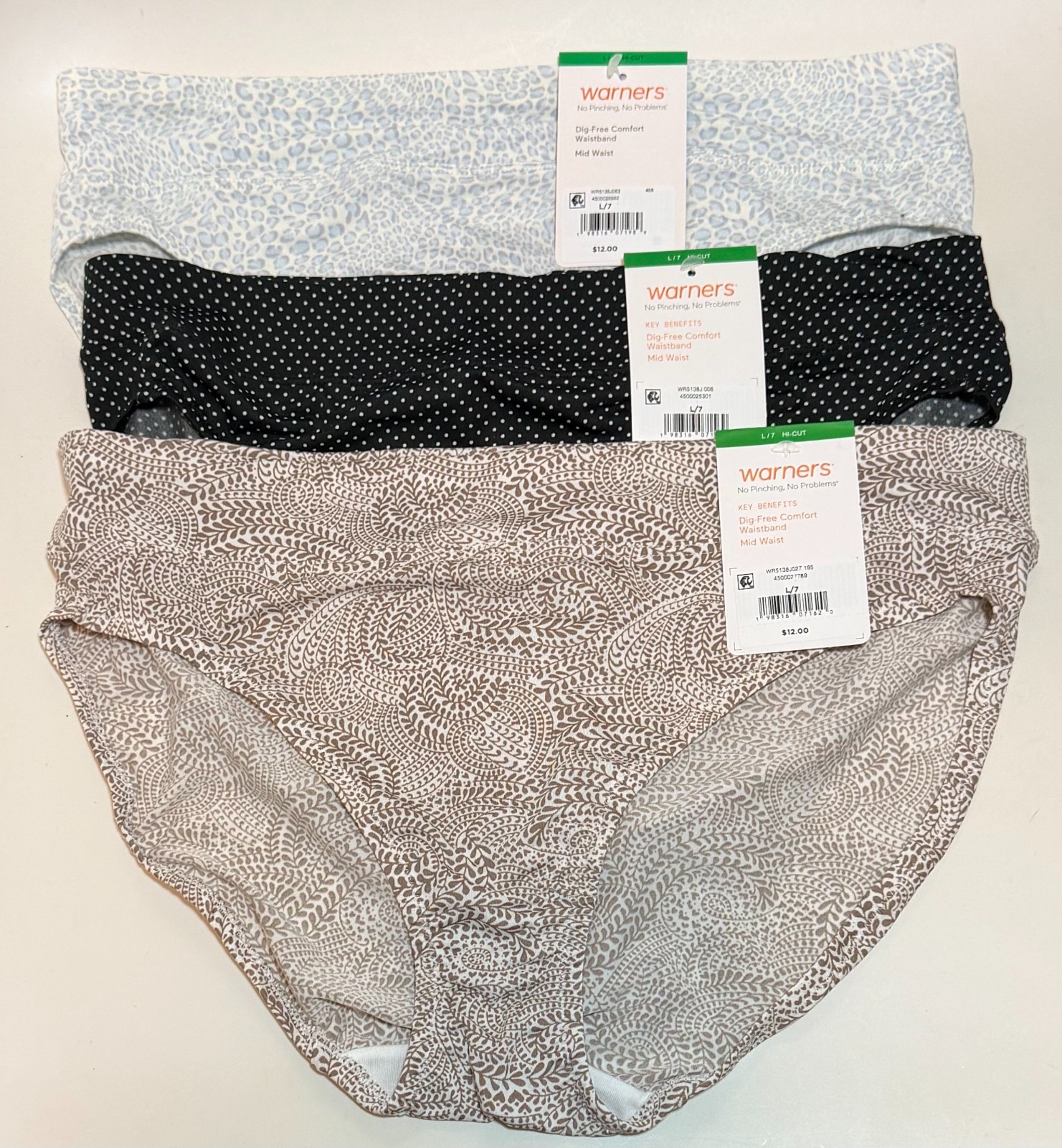 NWT 3 Warner's No Pinching No Problems Hi Cut Panties 5138J Multi Prints 7/L