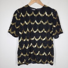 NWT Vtg 80s Black Gold Beaded Sequin Scalloped 100 Silk Top Small Disco Glam