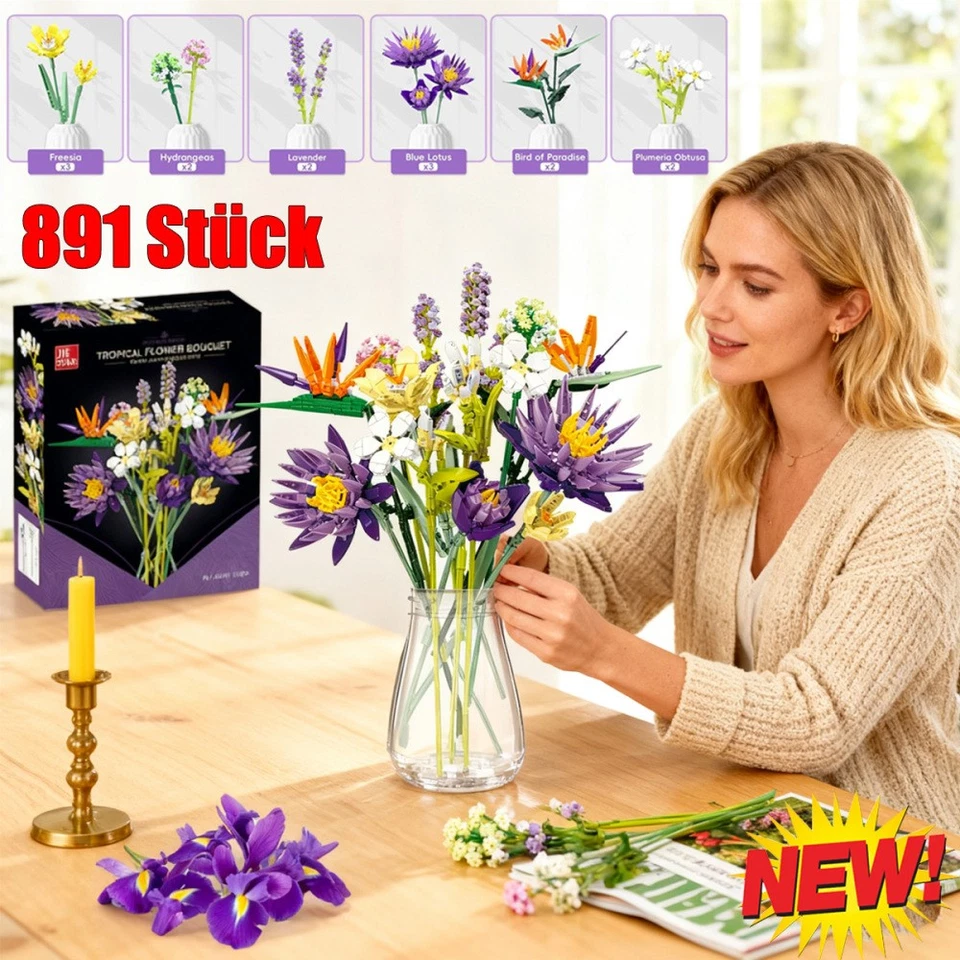 MARKENLOS 891 tlg Blumen Bauspielzeugsets Blauer Lotus Blumenstrauß Bausteine Set Geschenk