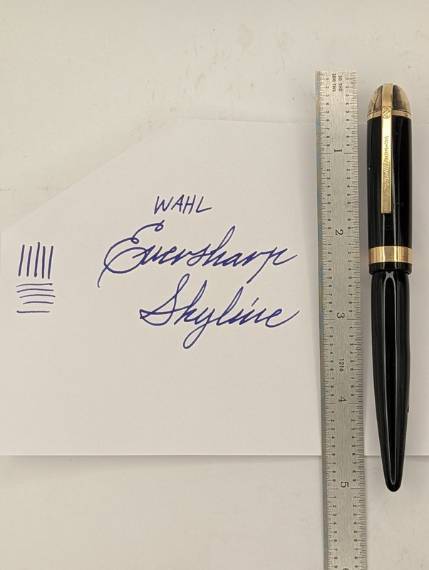 Wahl Skyline Black Fountain Pen Unusual Wide Band 14k Gold Broad Nib Restored