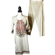 Women's Embroidered Kurta Pants Set Beige Floral Print Ethnic Indian Outfit