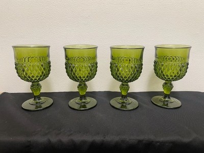 Indiana Glass Diamond Point Avocado Green Goblets Set of 4 Vintage Wine Glasses