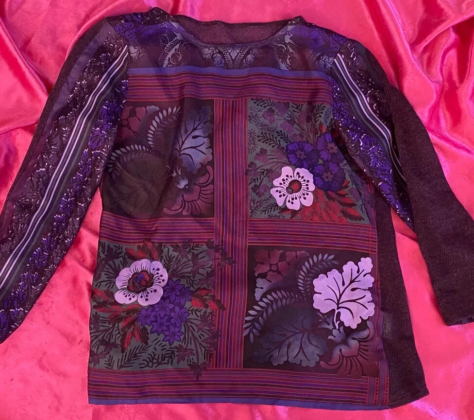 ETRO Silk front Linen knit back Sz S purple pink floral stripe sweater top View 6