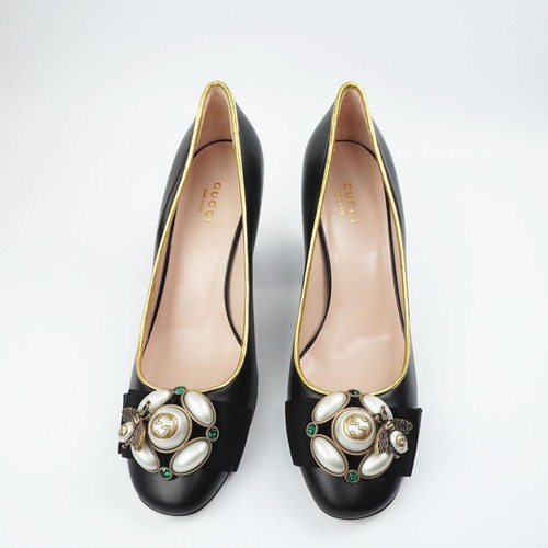 GUCCI Bee GG Logo Leather Pumps size 38 Black Chunky Heel Boxed Unused - Picture 20 of 24