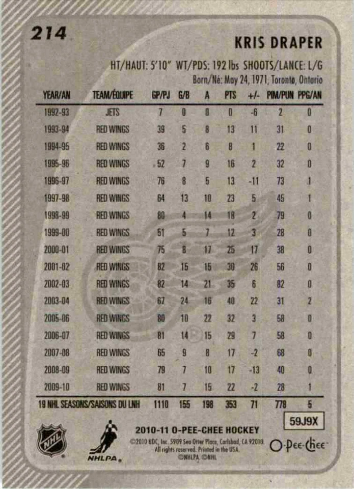 2010-11 O-Pee-Chee Kris Draper #214 - Image 2 of 2