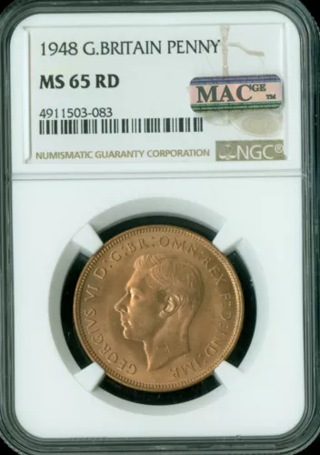 1948 GREAT BRITAIN PENNY NGC MS65 RD PQ 2ND FINEST REGISTRY MAC SPOTLESS .
