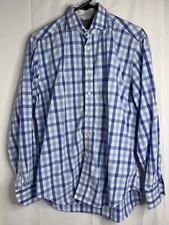 Thomas Dean Button Up Shirt Mens Medium Blue Plaid Flip Cuff Tailors Cloth