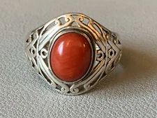 Signed MGG M.G.G. Sterling Silver Coral Ring 925 Size 7 BEAUTIFUL Band Setting