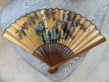 VINTAGE HAND-PAINTED DECORATIVE ORIENTAL FAN - Blue Birds w Red and Blue Flowers