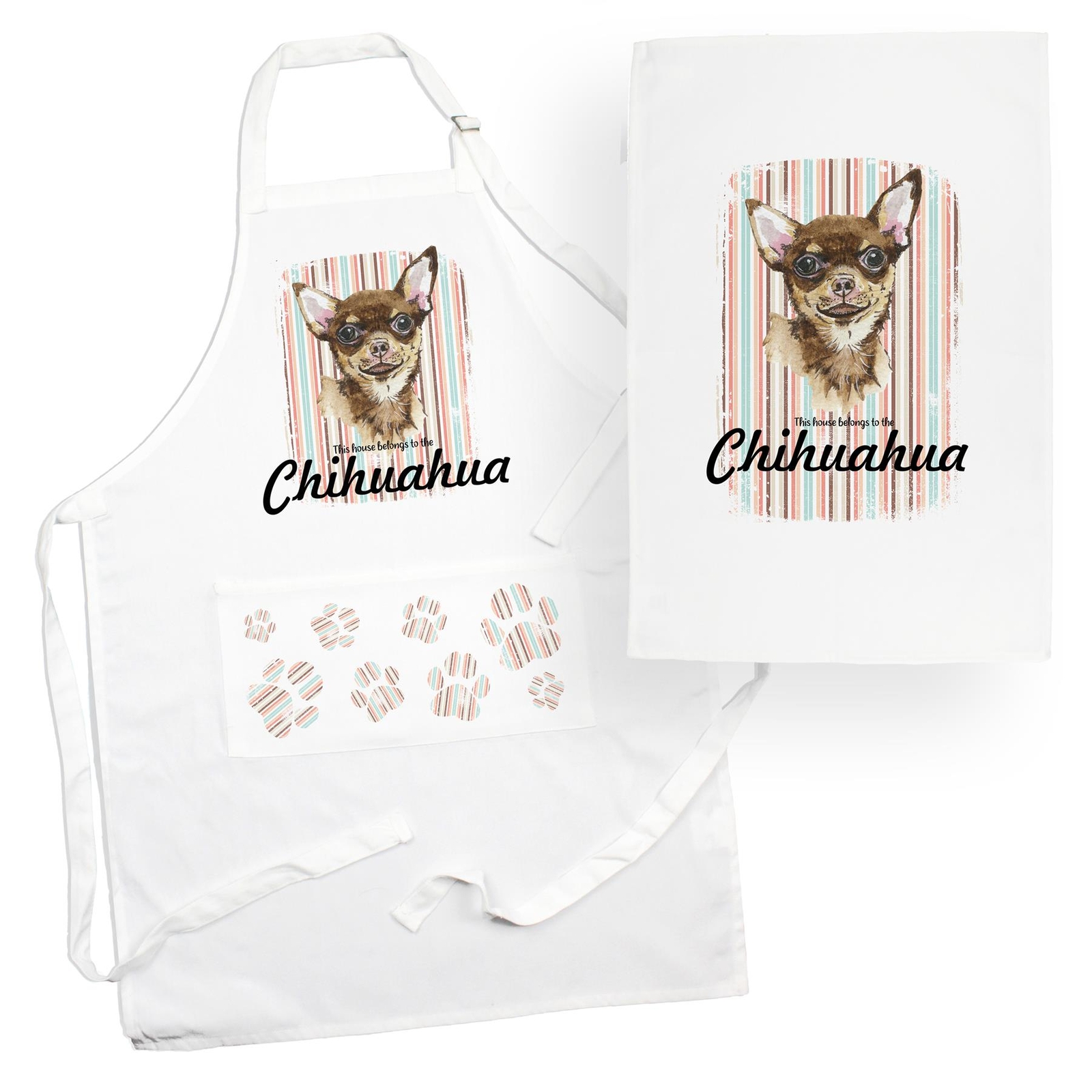 Chihuahua Tea Towel & Apron Set - Dogs & Paw Prints Kitchen Linens Gifts