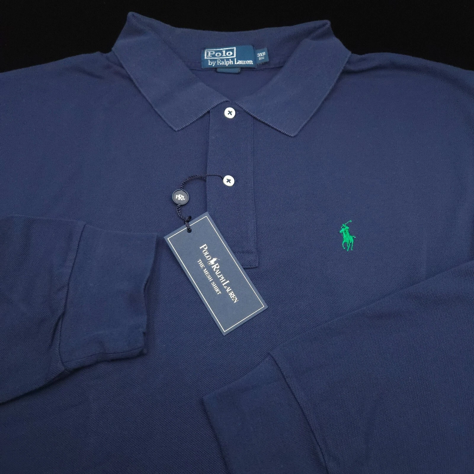 POLO RALPH LAUREN SHIRT 3XB BIG NAVY BLUE MESH PIQUE LONG SLEEVE GREEN PONY GOLF