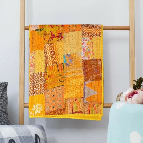 Bohemian Patchwork Kantha Blanket Indian Silk Bedcover Quilts - Picture 7 of 8