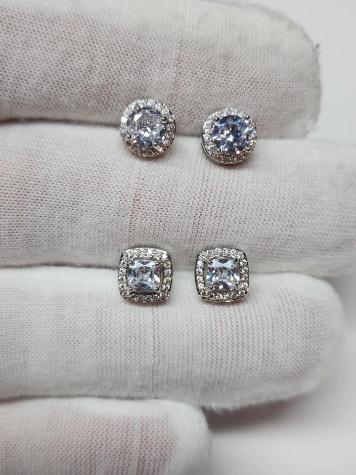 2Pair Silver Plated Stud Earrings With Cubic Zirconia For Men, Women, Unisex - Image 2 of 2