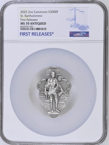 2 Oz Silver Coin 2025 Cameroon St. Bartholomew Antiqued High Relief NGC MS 70