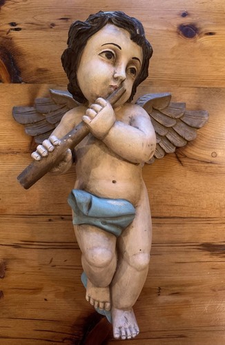 Antique Hand Carved Painted Wood Large Angelic Cherub Putti Sculpture 18"