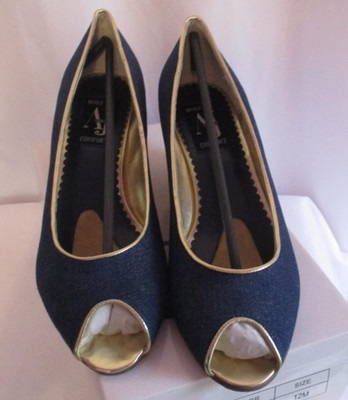 AJ Valenci Shoes Womens Size 12 Denim Wedge Peep Toe Pumps Gold Trim Comfort