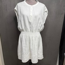 Hatley 100% Linen Mini Dress Womens Sz XL White Smocked Waist Henley Minimalist