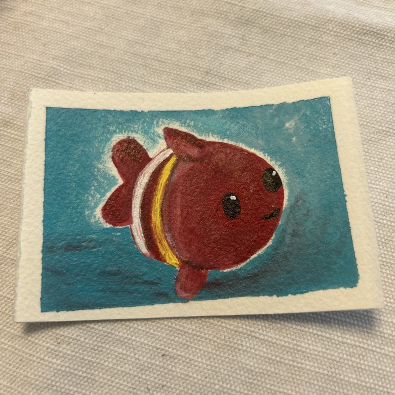 ACEO, Wiggle Fish, Original Acrylic Painting, Small Art Card, Border, Can Frame